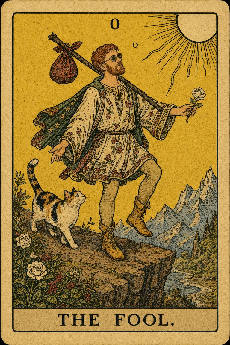 The Fool tarot card, illustrated in a richly textured vintage style